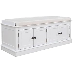 Knocbel Entryway Storage Bench with Removable Cushion, 4 Doors and Adjustable Shelves, Hallway Foyer Bathroom Bedroom Shoe Bench, 200lbs Weight Capacity, 42.7" W x 16" D x 17.4" H (White) Knocbel Entryway Storage Bench with Removable Cushion 4 Doors and Adjustable Shelves Hallway Foyer Bathroom Bedroom Shoe Bench 200lbs Weight Capacity 427 W x 16 D x 174 H White