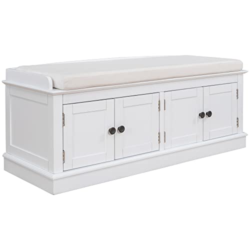 Knocbel-Entryway-Storage-Bench-with-Removable-Cushion-4-Doors-and-Adjustable-Shelves-Hallway-Foyer-Bathroom-Bedroom-Shoe-Bench-200lbs-Weight-Capacity-427-W-x-16-D-x-174-H-White Knocbel Entryway Storage Bench with Removable Cushion 4 Doors and Adjustable Shelves Hallway Foyer Bathroom Bedroom Shoe Bench 200lbs Weight Capacity 427 W x 16 D x 174 H White