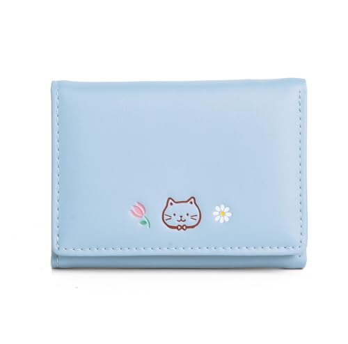 Image of INOVERA (LABEL) Wallets for Women, Girls - Stylish Faux Leather Trifold Cash, Coin, Cards Holder Purse - Mini Cute Cat Pattern Small Hand Wallet (Light Blue)