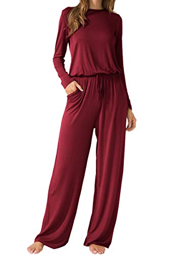 LAINAB Womens Casual Long Sleeves O Neck Jumpsuits Rompers with Pockets Wine S