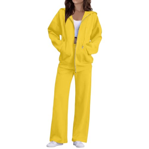 ASUIU Sweat Suits for Womens 2 Piece Zip Up Hoodie and Sweatpants Set Winter Long Sleeve Crew Neck Tracksuit and Wide Leg Sweatpants Conjuntos De 2 Piezas Para Mujer Deportivo Jogging Yellow XXL
