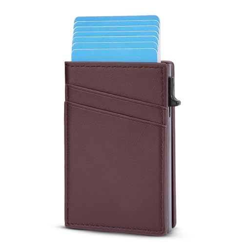 Image of VOGARD Pop-Up Card Holder for Men, RFID Blocking Slim Aluminium Case with Premium PU Leather, Automatic Card Ejector, Front Pocket Design (Brown)