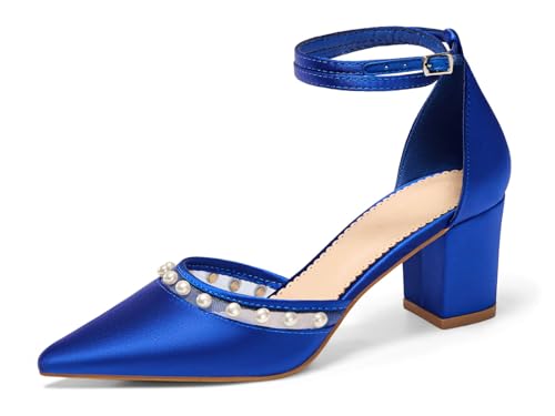 Coutgo Womens Pearl Chunky Heels Wedding Bride Dress Shoes Closed Pointed Toe Ankle Strap Satin Pumps, Royal Blue, Size 6 by Coutgo - Used condition - US$20.10