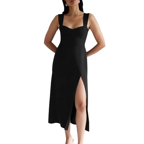 KOEMCY Vestido de Cóctel A-Line Elegante para Mujer Cuello Cuadrado Sexy Vestido Sin Espalda Dividir Vestido de Verano Bodycon Largo Vestido de Fiesta (Negro XL)