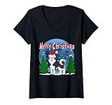 donna siberian husky dog merry christmas santa hat funny xmas maglietta con collo a v