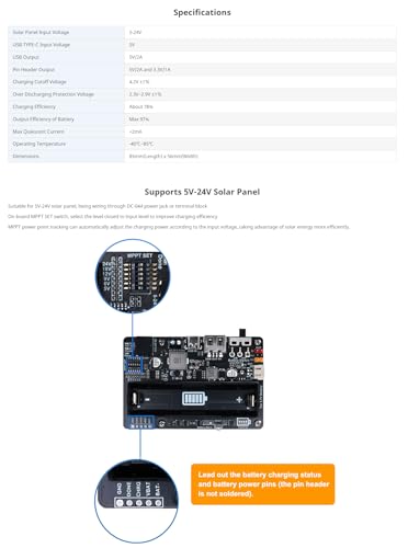 Solar Energy Manager MPPT Solar Charger Controller for 5V-24V Panels, 3.7V 18650 with USB/DC-044/KF128L-2P Terminals, Overcharge Protection, Compatible with Raspberry Pi