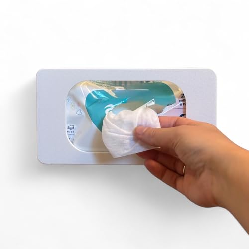 Wipes Dispenser, Wall Mounted Wipe Holder for Baby & Adult, Refillable Wipe Container, One-Handed Operation, Multiple Colours Available, Includes Screw and No Screw Fixings (White)