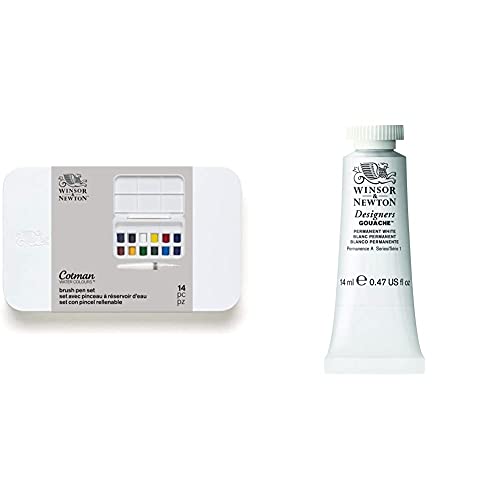 Winsor & Newton, Cotman Watercolour, 'Water Brush Pocket Set', 12 x Half Pans + 1 x Water Brush and, Designers Gouache, 14ml Tube - Permanent White