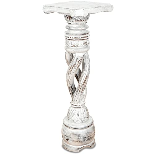 livasia gedrehte Deko Holzsäule 60cm – Antik-Look Podest, Blumensäule, Dekosäule aus Albiziaholz – Balinesische Handwerkskunst, Nachhaltig und Einzigartig (Weiß)