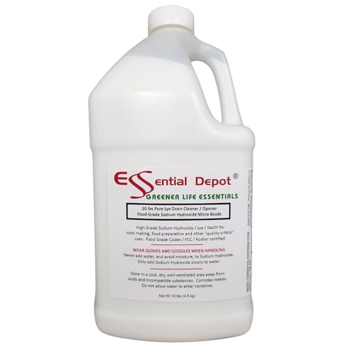 Essential Depot 10 lbs Bottle Food Grade Sodium Hydroxide Lye Evenly-Sized Micro Pels (Beads or Particles) - Lye Drain Cleaner - HDPE Container with Resealable Child Resistant Cap and Handle