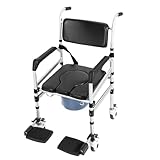 Folding Bedside Commode with Wheels, Rolling Shower Chair with Arms and Footrest, Height Adjustable Wheel Chair with Bucket, Handicap Toilet, Raised Toilet Seat for Seniors and Disabled