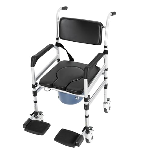Folding Bedside Commode with Wheels, Rolling Shower Chair with Arms and Footrest, Height Adjustable Wheel Chair with Bucket, Handicap Toilet, Raised Toilet Seat for Seniors and Disabled