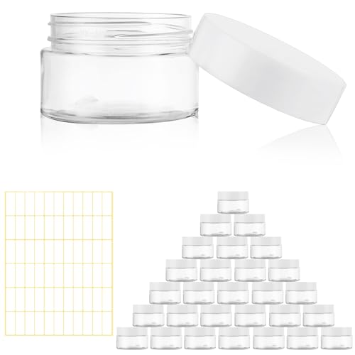 Acrux7 60 Pack 1oz Plastic Jars Round Clear Cosmetic Container Jars with White Lids, Refillable Empty Plastic Slime Jars for Lotion, Cream, Ointments, Makeup, Eye Shadow, Samples
