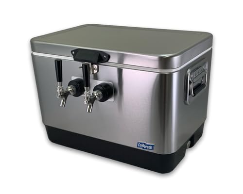 COLDBREAK Jockey Box, 2 Taps, Rear Inputs, 54 quart Cooler, 50' Coils, Steel Shanks, Includes Stainless Faucets, Silver