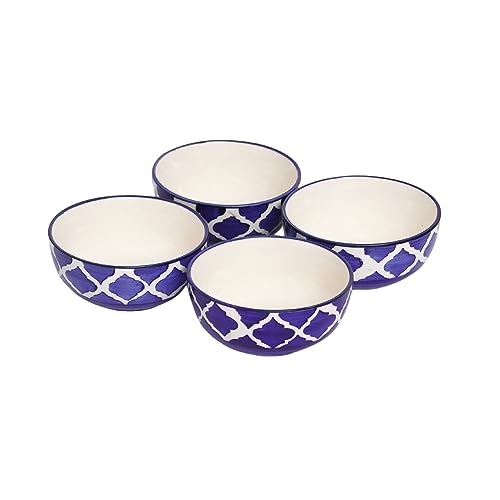 Image of Ceramic Hand Crafted Dessert /Dinner /Pudding /Maggie Bowls (Blue and White 180 ml) | Set of 4 Bowls | Microwave Safe Bowls