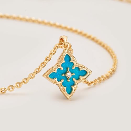Fettero Gold Clover Necklace for Women Dainty 14K Gold Plated CZ Pendant Necklace Charm Turquoise Clover Pendant Adjustable Chain Lucky Necklaces for Women Jewelry — view 5