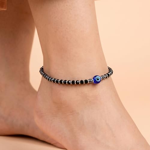 Image of Nazariya Anklet, Single | Pure 925 Sterling Silver Evil Eye Anklet with Black Crystal & Silver Beads for Women & Girls | Comfortable & Adjustable for Every Day Wear