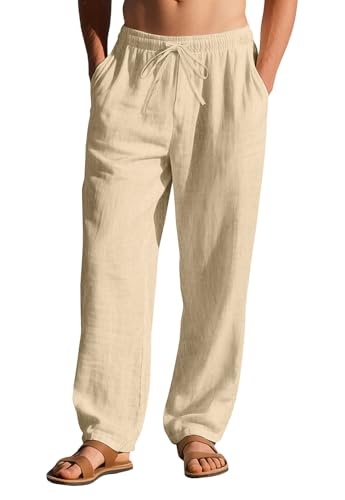 Men's Linen Pants Casual Loose Fit Cotton Trousers with Elastic Drawstring Waist Summer Beach Lightweight Pants