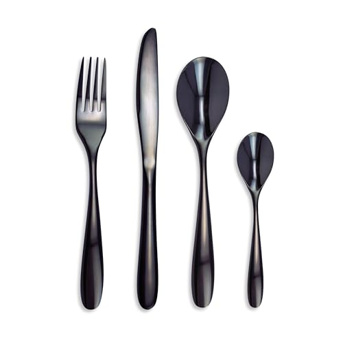 TB – Cubertería Bagatelle – 16 cubiertos de mesa negros unidos de acero inoxidable – lavable a máquina