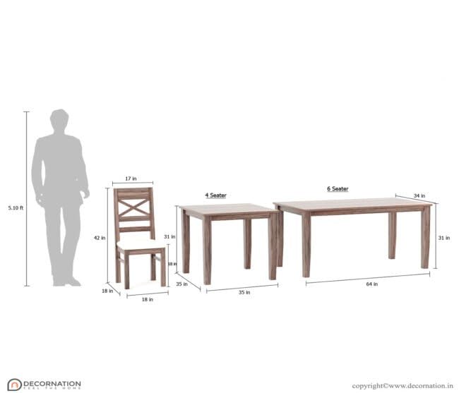 Image of DecorNation Sicily Solid Wooden 6 Seater Dining Table Set with Chairs | Modern Dining Table Furniture | Ergonomic Backrest Chairs for Home & Dining Room