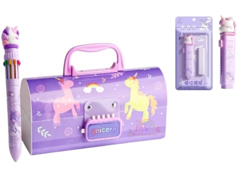 Image of Invite New Cartoon Theme Pencil Box with Push Pull Eraser Set for Kids | Suitcase Style Password Lock Stationery Organizer | School Supplies Gift Combo for Boys & Girls (Purple Unicorn + Eraser)