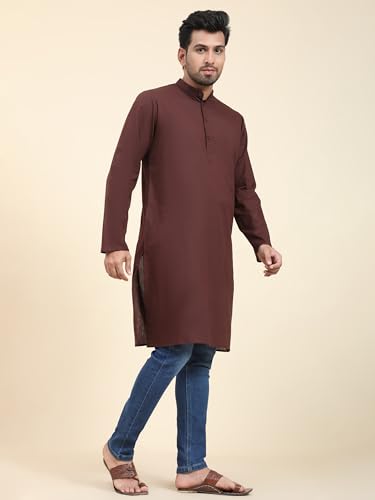 Image of SKAVIJ Mens Cotton Casual Wear Modern Kurta Shirt for Everyday Use Yoga Outfit Brown X-Large
