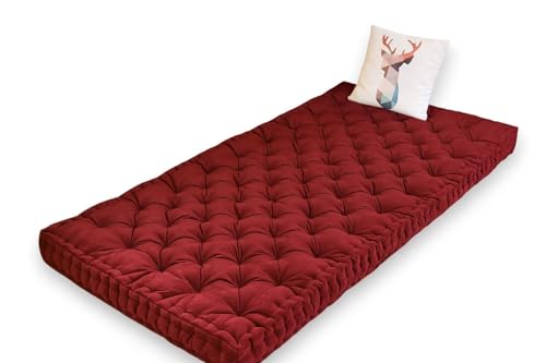Image of ATOOTFUSION Soft Cotton Floor Box Mattress, 5-Inch Thick, Foldable, Movable, Medium Firm, Solid Colored (Maroon, Double Bed 72X72X5 Inches)