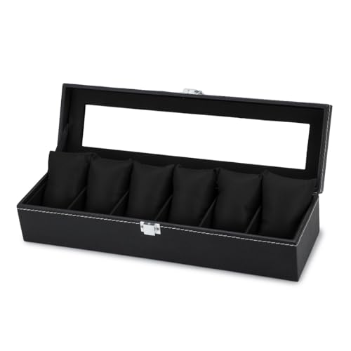 Image of Watch Box Organizer for Men and Women, 6 Slots, Leatherette, Black, Gift Box