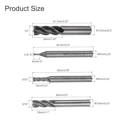 Image of uxcell Square Nose End Mills Sets 4-Flute 1 /4 inch 1 /8 inch 3 /8 inch 3 /16 inch 1 /2 inch 1 /16 inch 5 /32 inch 5 /16 inch High-Speed Steel CNC Milling Cutter Bits Tool for Aluminum Steel Cutting Metalworking