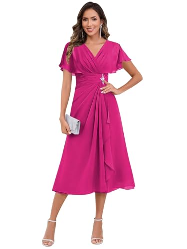 BANTRATIC Tea Length Mother of The Bride Dresses for Wedding Cap Sleeve V Neck Ruffle Chiffon Formal Prom Cocktail Gown
