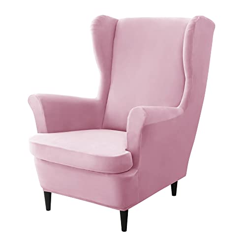 Conruser Stretch Wingback Chair Covers, 2 Piece Wing Chair Slipcovers Soft Velvet Armchair Covers With Elastic Bottom For Living Room Bedroom (Pink) #TOP30