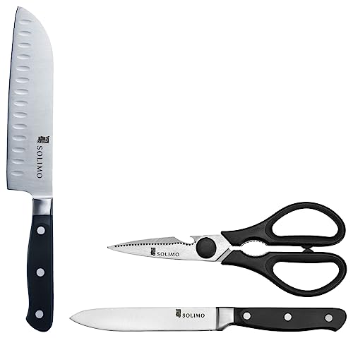 Amazon Brand - Solimo Premium High-Carbon Santoku Knife, Black Premium High-Carbon Detachable Kitchen Shears and Knife Set, 2-Pieces, Silver