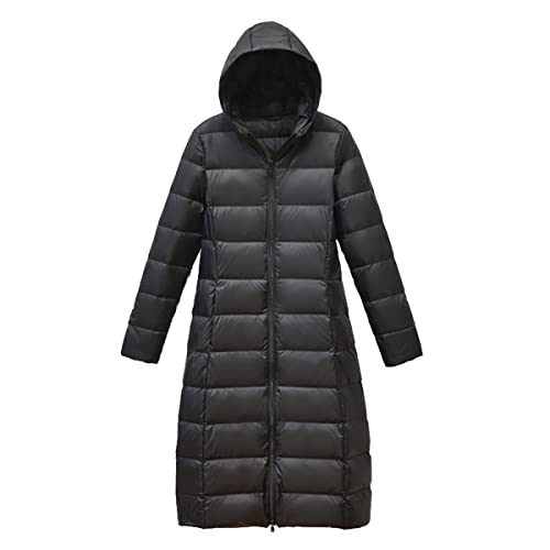 Clementie Womens Winter Down Long Jacket Ladies Ultra Lightweight Hooded Parka Windproof Waterproof Warm Puffy Insulated Quilted Coats for Outdoors, Walking (XL,Black)