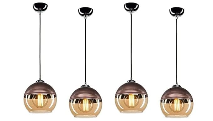 Image of Modern Amber Glass Pendant Light Set of 4 - Decorative Hanging Ceiling Lamps for Living Room, Kitchen Island, Dining Table, Cafe & Restaurant | Contemporary Adjustable Indoor Lighting Fixtures
