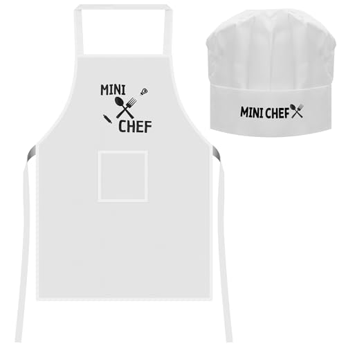 SANGOIMPRESS Pack Delantal y Gorro Mini Chef para Niño Niña Cocinero con Bolsillo (Blanco)
