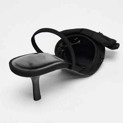 YIYA Women's Black Embroidered Mesh Slingback Kitten Heels with Cute Bow Closed Pointed Toe Stiletto Heels Party Dress Slip On Pumps Shoes4