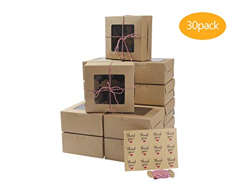 ST.LORIAN 30 Packs Bakery Cupcake Boxes with Window and Inserts 4 Holders,Twine