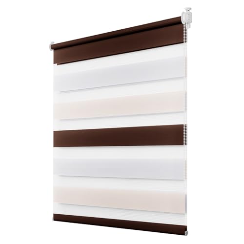 Deswell Doppelrollo Klemmfix ohne Bohren Weiß-beige-braun B110 x H130 cm (Stoffbreite 106cm) Rollos für Fenster ohne Bohren für Fenster mit… – Ansicht 1