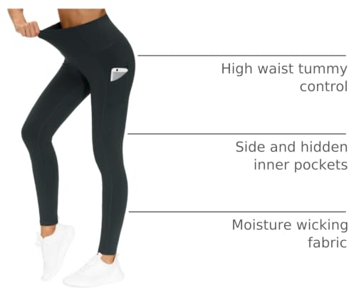 Image of THE GYM PEOPLE Thick High Waist Yoga Pants with Pockets, Tummy Control Workout Running Yoga Leggings for Women
