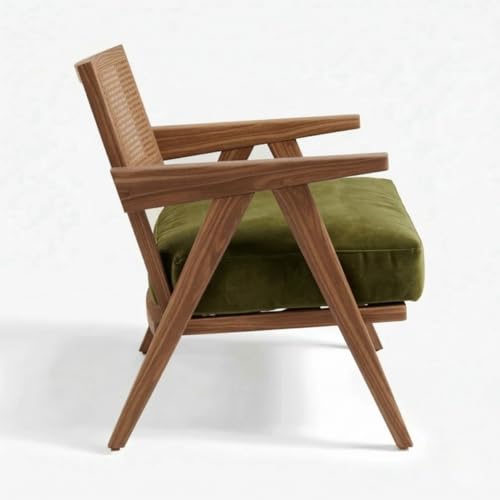 Image of Kingsman Furnitures ABEL Rattan Teak Wood Accent Arm Chair for Home Bedroom, Living, Dining, Drawing Room | Ultra Soft and Comfortable for Stress Free | Removable Cushion (KF-Bronx-OliveGreen-Velvet)