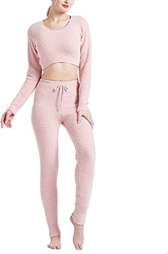 EA ARENALounge wear Crop Top Pyjamas Soft Fluffy Knit Teddy Casual Set 2 Piece Sleepwear Nightwear Womens Ladies Suit Tracksuit Long Sleeve Top And Pants Joggers Patch pockets for Women