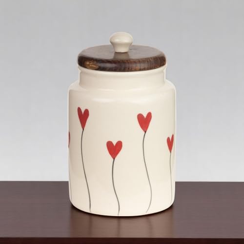 Image of Airtight Ceramic Jars (Pack of 2) - 1000ml Each - Wooden Lid - Kitchen Containers for Sugar, Tea, Salt, Pickles, Pulses & More (Red Lines & Red Heart)