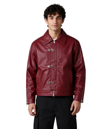 Image of Men Burgundy Faux Leather Oversized Jacket with Metal Clasp Fireman Buckle