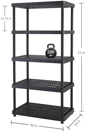 Keter Resin 5-Tier Freestanding Multipurpose Shelf Display Rack for Basement, Kitchen, and Garage Storage Shelving and Organization, 24", Black