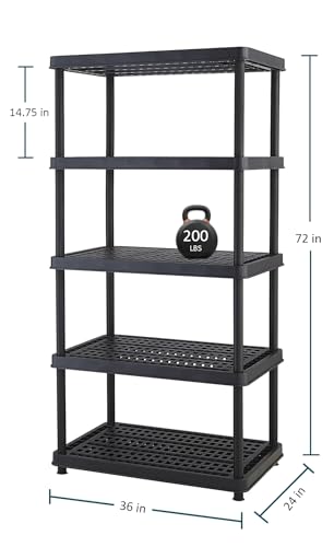 Keter Resin 5-Tier Freestanding Multipurpose Shelf Display Rack for Basement, Kitchen, and Garage Storage Shelving and Organization, 24", Black