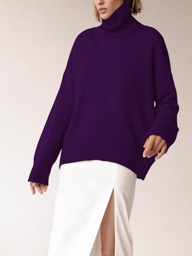 Image of YKR Women's Turtleneck Sweater Chunky Long Sleeve Knitted Pullover High Low Hem Trendy 2026 Fall Winter Basic Jumper Top