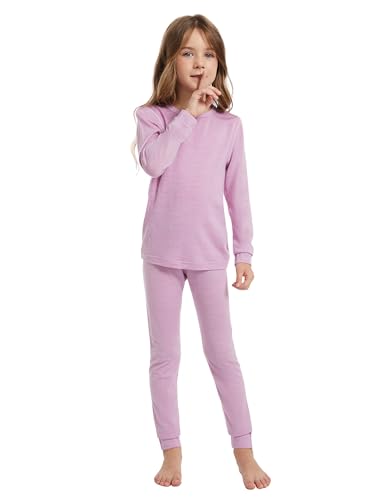 woolcano 100% Merino Wool Thermal Underwear for Kids, Thermal Sets Kids, Thermal Top Thermal Bottom for Skiing Skating Snow Sports Violet 9-10