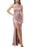 Rosegalette Women’s Satin One-Shoulder Ruched High Slit Elegant Bodycon Maxi Evening Prom Gown Sexy Formal Dress,Dull Purple,S