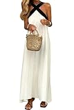 yoeasy Womens Summer Halter Neck Dress Criss Cross Sleeveless Backless Boho Flowy Swing Cotton Linen Long Dress (Large, White)