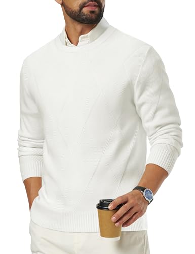 TACVASEN Mens Pullover Sweaters Crew Neck Long Sleeve Knitted Sweaters Fall Winter Casual Sweaters White